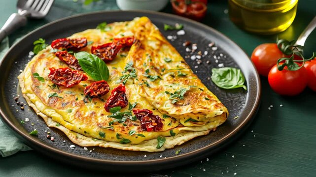 Delicious omelette with sundried tomatoes and herbs on rustic table setting