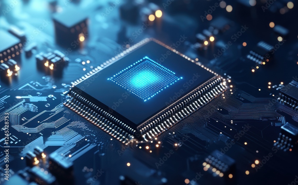 Poster close-up of high-tech microprocessor on circuit board with glowing patterns and chips, symbolizing i