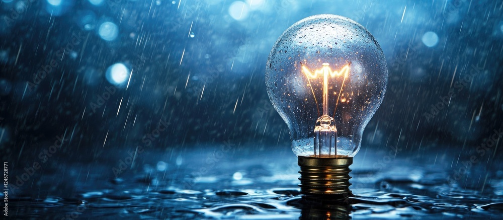 Wall mural illuminated light bulb reflecting on water surface with blue rain backdrop creating a serene and moo