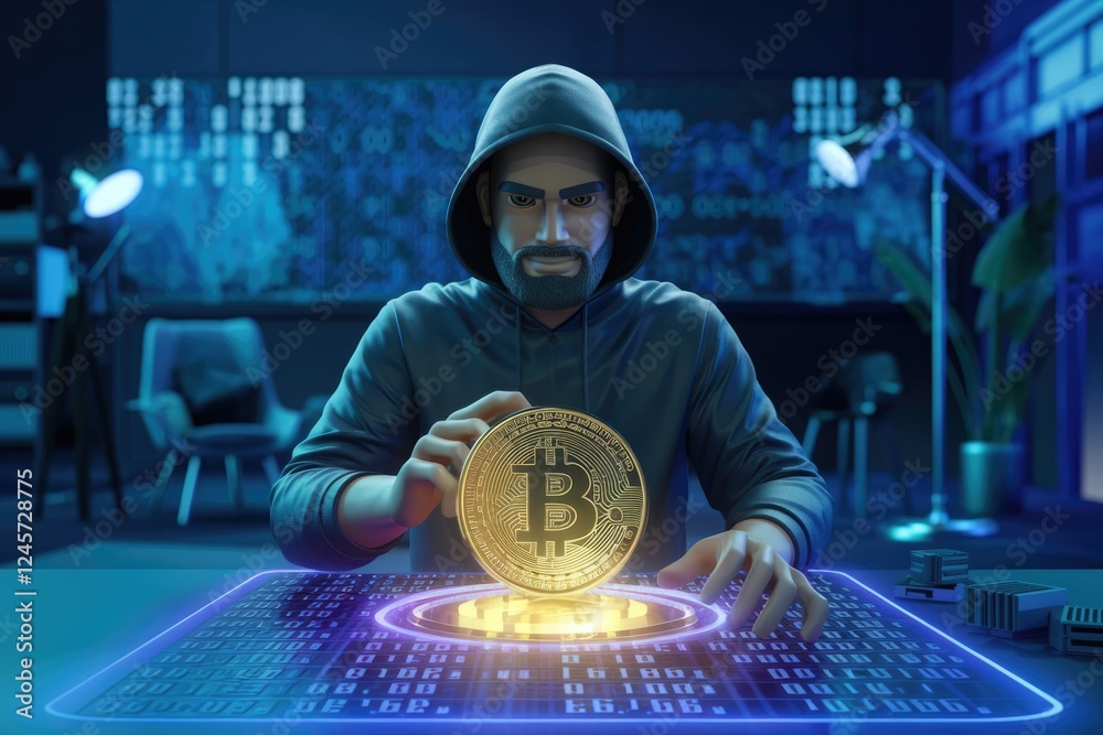 Poster A hooded figure examines a Bitcoin on a futuristic digital interface, hinting at cryptocurrency mining or hacking.