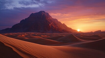 Naklejka premium A serene desert landscape at dusk, featuring a prominent sand dune in the foreground with gently rippled textures.