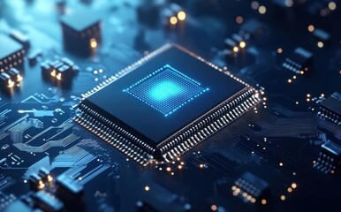 Close-Up of High-Tech Microprocessor on Circuit Board with Glowing Patterns and Chips, Symbolizing Innovation in Technology and Computing
