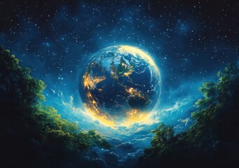 Fototapeta premium Surreal Representation of Planet Earth in Space with Vibrant Colors and Ethereal Lighting