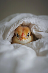 A yellow chick peeks out from under the white blanket. Cute and funny animal cover