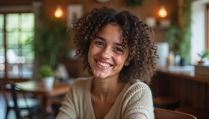 Smiling woman in cozy cafe with warm lighting, ideal for lifestyle content