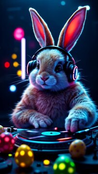 DJ Easter Bunny Spinning Vinyl in a Neon-Lit Club