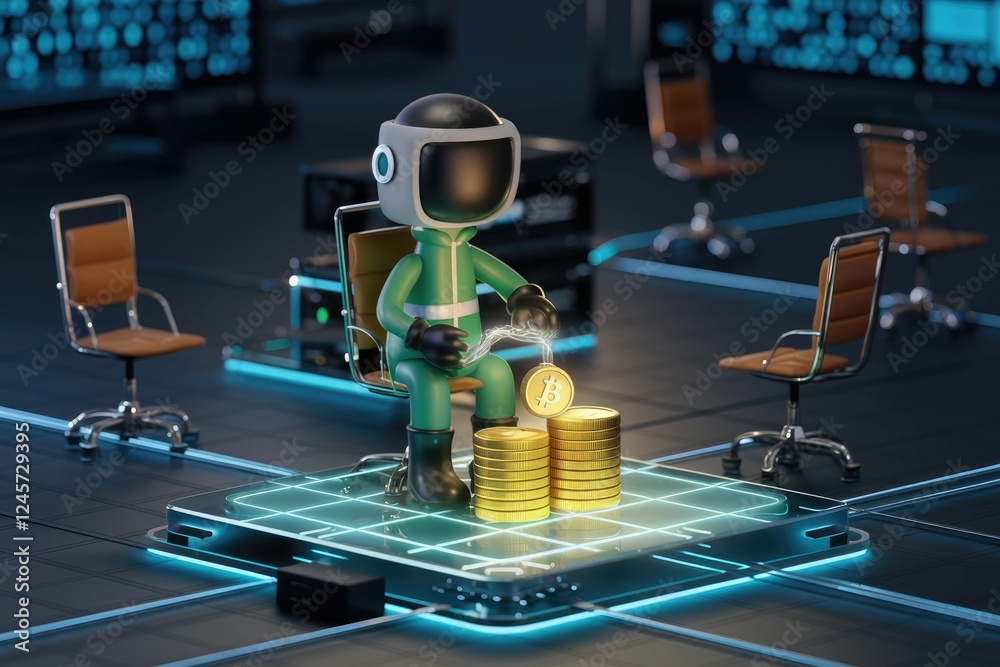 Poster astronaut mining bitcoins in a futuristic office setting.