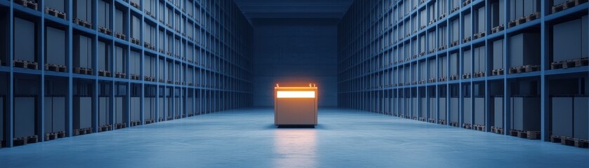 Obraz premium Glowing cube in archive corridor.