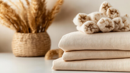 A calming indoor scene showcases soft textiles piled neatly with decorative elements, inviting feelings of relaxation and comfort through gentle colors and cozy aesthetics.