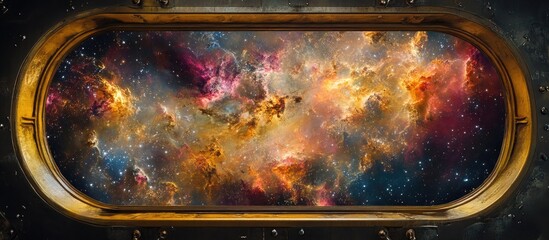 Vibrant cosmic nebula view through an oval window featuring gold frame with swirling hues of purple, orange, and deep blue against a starry backdrop.