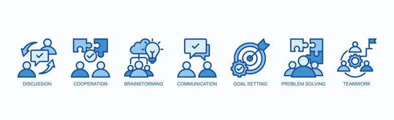 Fototapeta premium Collaborate And Conquer Icon Set Isolated Vector Illustration Concept With Icon Of Discussion, Cooperation, Brainstorming, Effective Communication, Goal Setting, Problem Solving, Teamwork