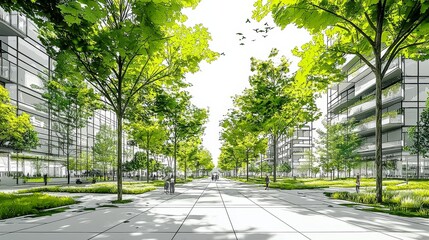 A vibrant urban scene featuring lush green trees lining a modern street, surrounded by contemporary buildings and a bright sky.
