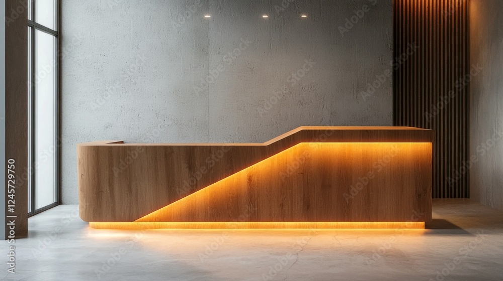 Poster a sleek wooden reception desk with geometric design and ambient lighting creates a welcoming atmosph