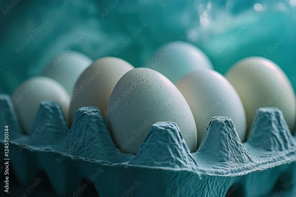 Poster Freshly collected eggs arranged in a carton with a vivid teal background adding a modern touch to the farm setting