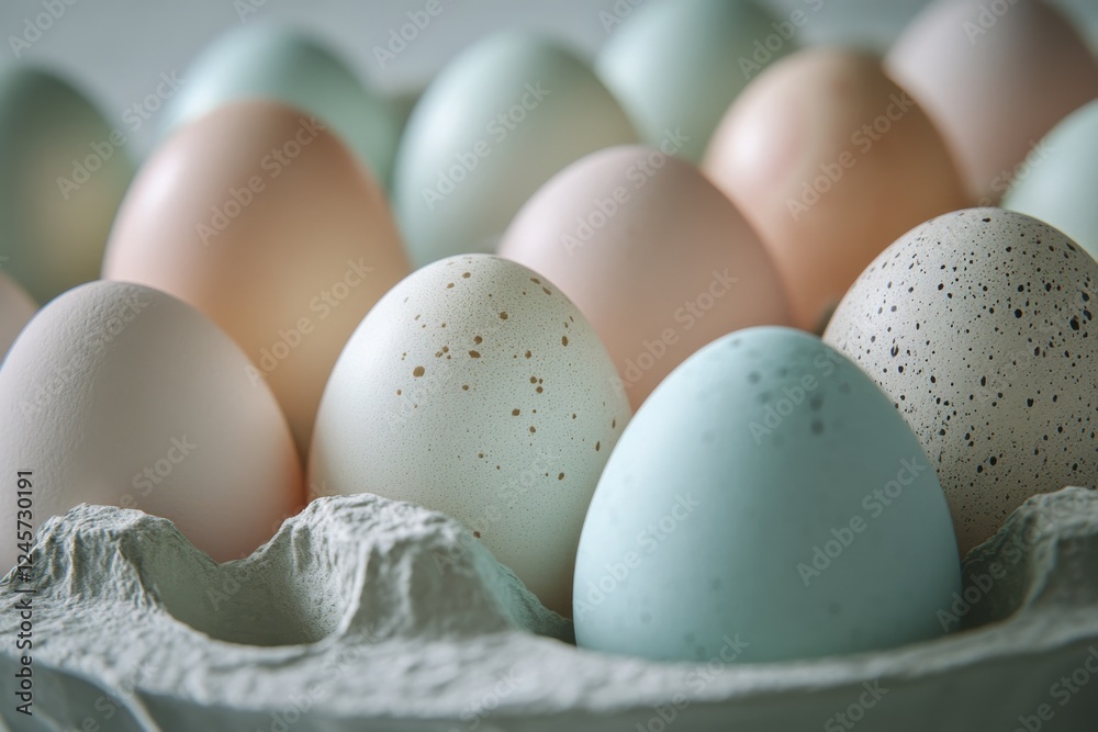 Poster decorative eggs arranged in a carton for spring celebrations and festivities in a serene setting