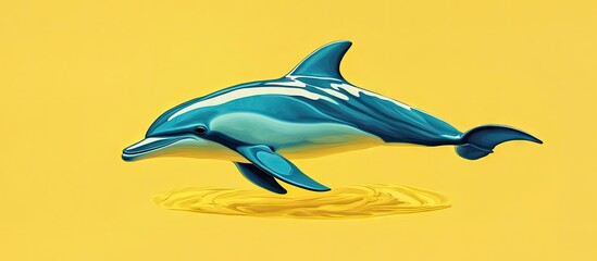 Colorful dolphin illustration in blue shades swimming gracefully against a bright yellow background creating a vibrant and attention-grabbing visual.