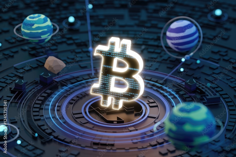 Aufkleber A glowing Bitcoin symbol sits at the center of a futuristic, technological network, surrounded by planets and data streams.