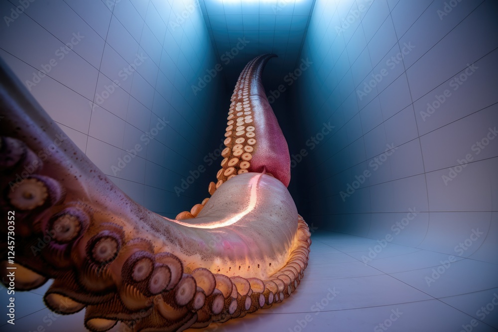 Poster giant squid tentacle in a futuristic, minimalist setting, showcasing its immense size and intricate 