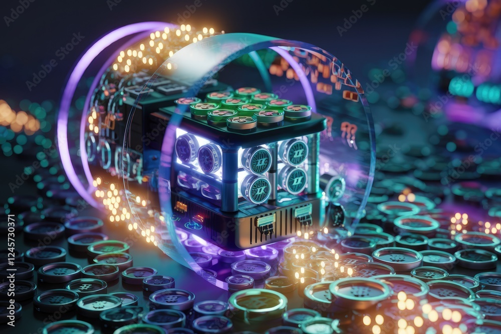 Poster futuristic cryptocurrency mining rig surrounded by digital coins, showcasing advanced technology and