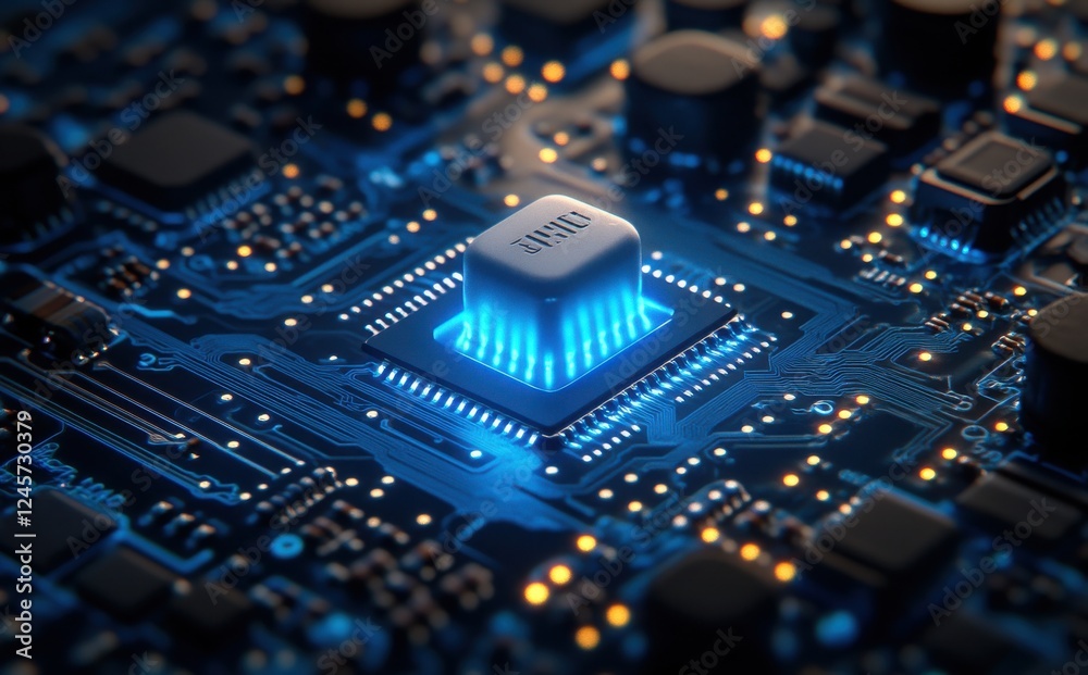 Poster close-up view of a high-tech microchip on a circuit board with glowing blue elements and complex ele