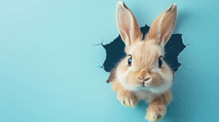 Obraz premium layful bunny peeking out of blue wall for Easter celebration
