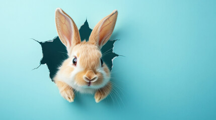 Fototapeta premium layful bunny peeking out of blue wall for Easter celebration