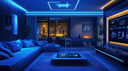 Modern Living Room with Blue Lighting and City View at Night
