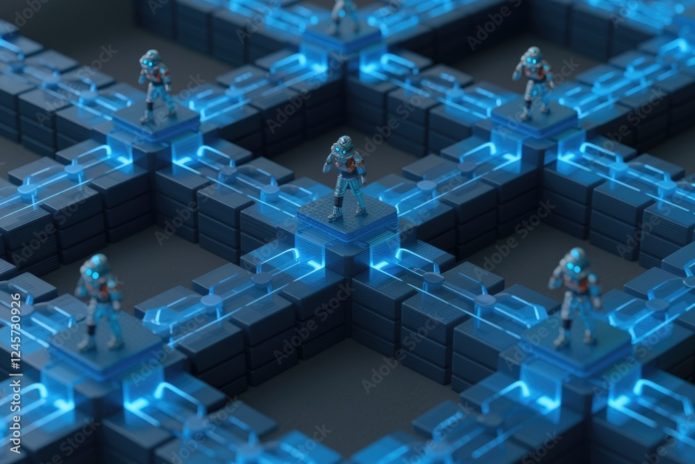 Aufkleber Cyberpunk robots navigate a glowing blue network grid, showcasing futuristic technology and interconnectedness.