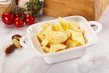 Crushed parmesan cheese in the bowl