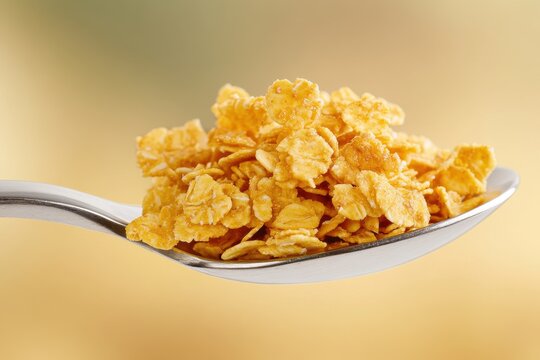 Crunchy cereal on a spoon ready for breakfast with a warm, inviting background