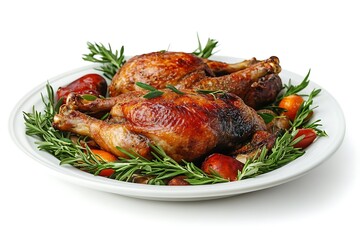 3D Render of a Plate of Roasted Pheasant with Wild Herbs, Isolated on White Background