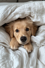 Golden retriever puppy peeking out from under white bed covers, with an adorable face and paws. Cute pet wallpaper