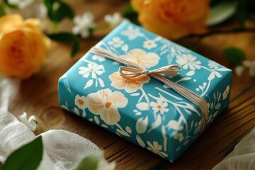 Gift wrapped in floral paper surrounded by natural elements on a wooden surface