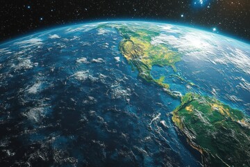 Earth from Space Vibrant Continents and Oceans Dramatic Lighting Curvature Starry Background