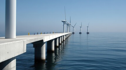 Obraz premium Offshore wind farm pier, sea, energy, turbines, clear sky, renewable, infrastructure, construction, power, horizon