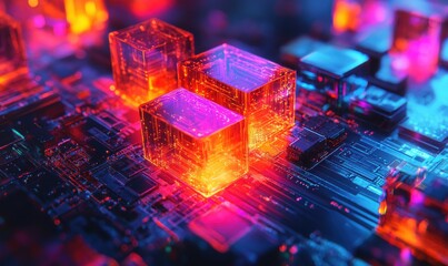 Colorful Abstract Representation of Futuristic Technology with Glowing Cubes on Circuit Board Background Illustrating Innovation and Digital Transformation