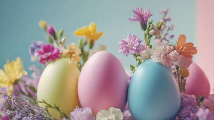 Fototapeta premium Colorful Easter eggs decorated with flowers for holiday celebration