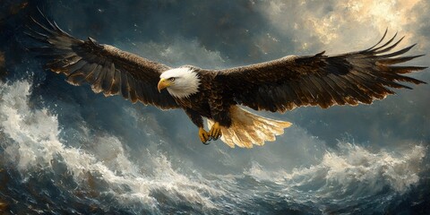 Majestic bald eagle soaring over ocean waves