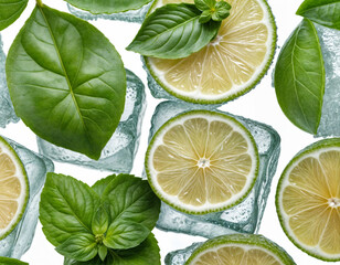 ice cubes, lime and basil leaves isolated on white background, visible water drop, fresh and cool for summer 
