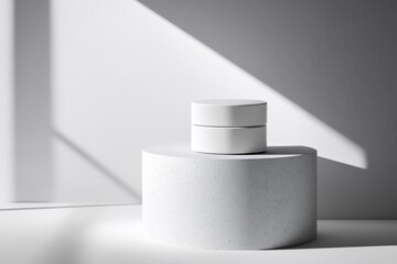 Simple arrangement of modern skincare products on a sculptural display in soft natural light