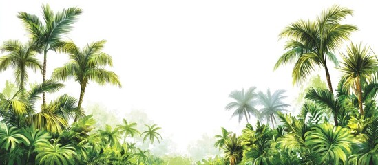 Lush tropical landscape with vibrant green palm trees positioned on either side, light mist in the background, and a bright white sky above.
