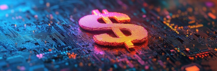 Colorful digital dollar sign glowing in a high-tech abstract background representing finance, technology, and innovation in a modern economy