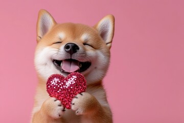 Shiba inu - my beloved dog. Cute shiba inu dog with sparkling rhinestones red heart - sign of love, funny greeting card. Digital ads conceptual art. Love and loyalty. Friendship with animals.