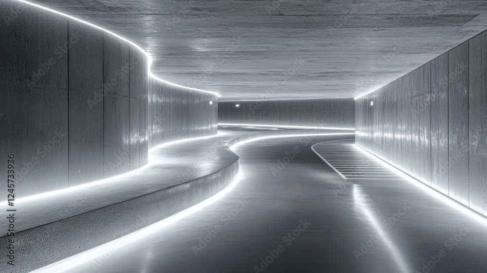 Poster A sleek corridor showcases minimalist design with smooth curves and ambient neon lights. The soft glow reflects off polished surfaces, creating a tranquil and futuristic atmosphere
