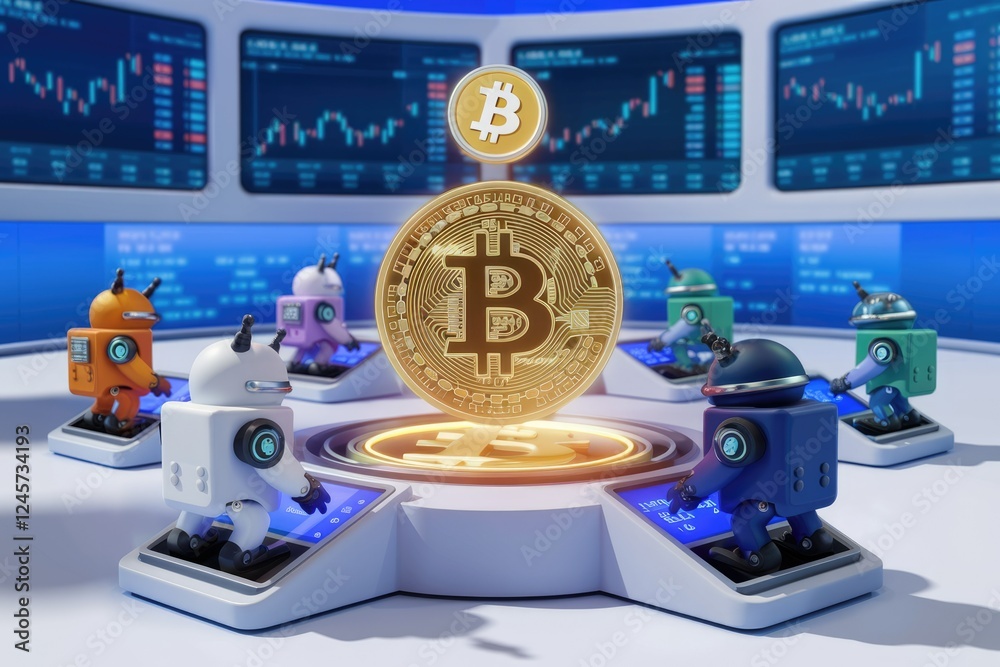 Poster robots monitoring cryptocurrency trading charts, a large bitcoin in the center.