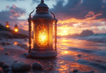 Glowing Lantern Resting on Sandy Beach at Sunset Casting Warm Light Against Dramatic Sky and Gentle Ocean Waves

