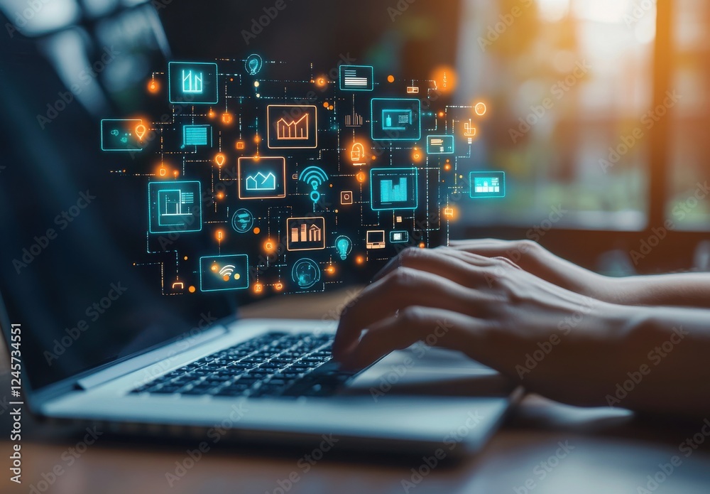 Poster creative digital workspace showcasing hands typing on laptop surrounded by futuristic graphical data