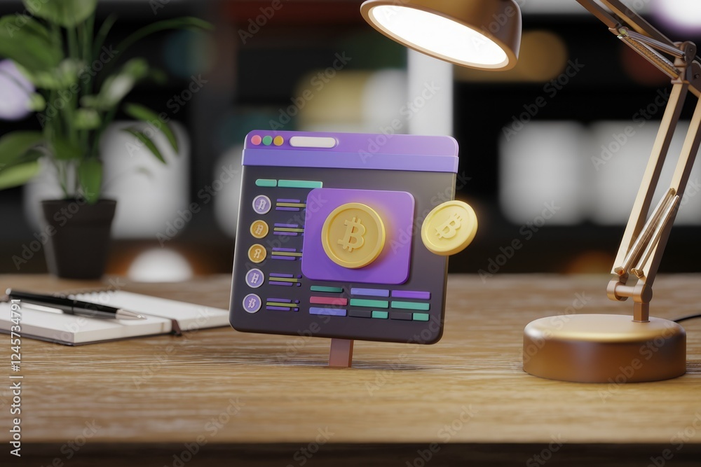 Aufkleber 3D rendering of a Bitcoin cryptocurrency transaction on a computer screen.