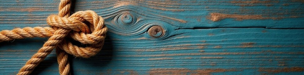 Fototapeta premium Nautical rope knot tied tightly on weathered wood , wood, rope, texture background