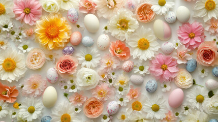 Creative layout with colorful flowers and Easter eggs on nature background for celebration